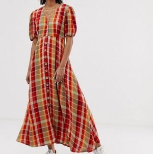 Neon Rose Button Down Plaid Midi Dress XL
